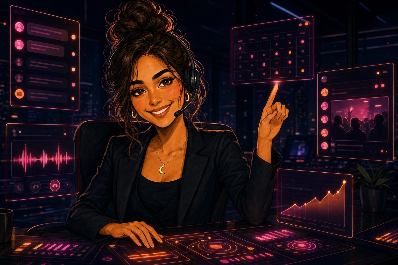 Luna at her mission control: chat, calls, calendar, community, and analytics in one view