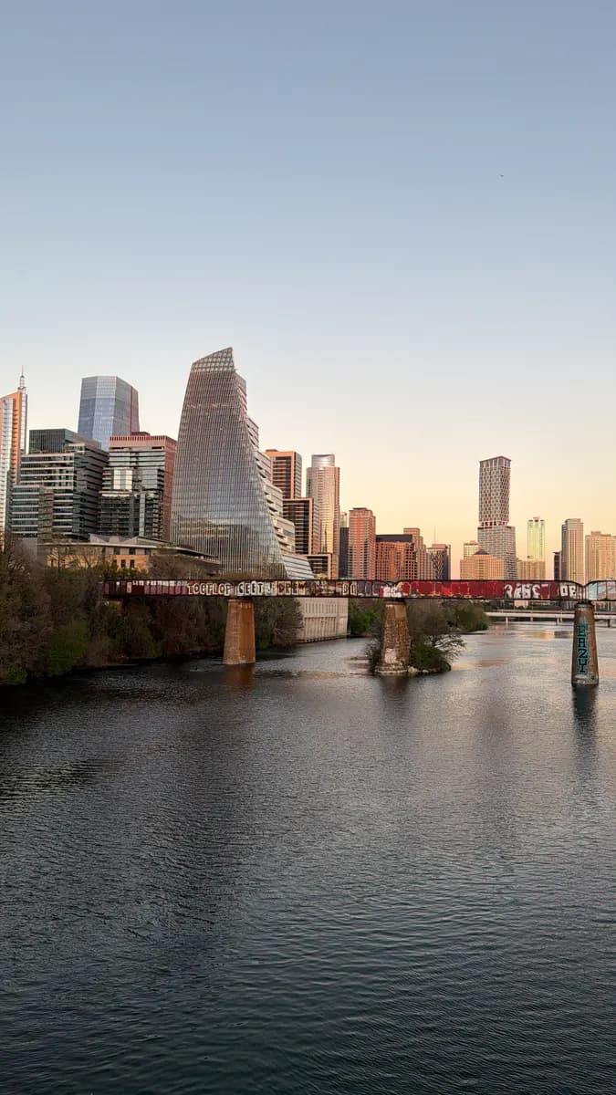 Austin’s skyline across Lady Bird Lake at sunset